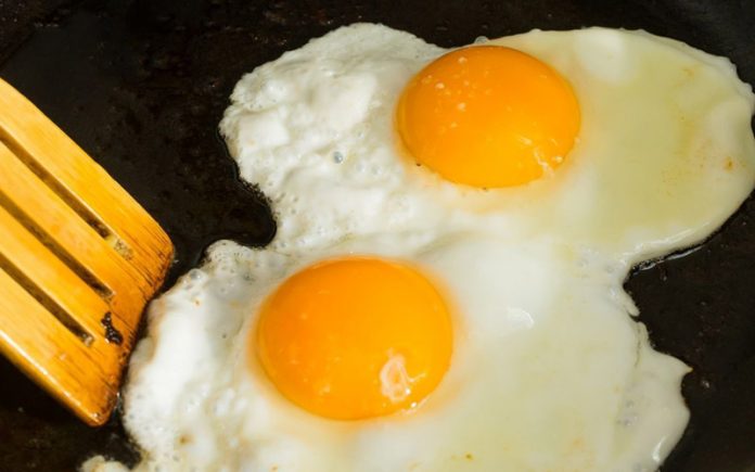 A couple of eggs for Breakfast. Fried eggs in a frying pan.
