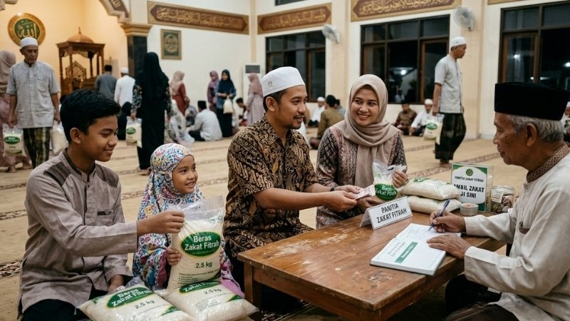 Ilustrasi Warga menyerahkan zakat fitrah kepada panitia di masjid. (Foto: Created by AI)
